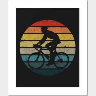 Bicyclist Silhouette On A Distressed Retro Sunset print Posters and Art